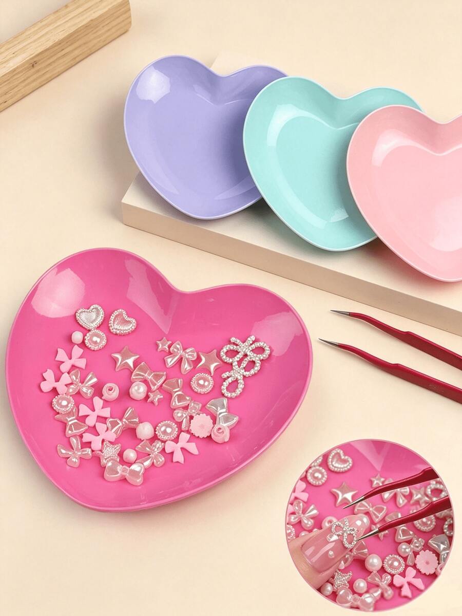 1PC Macaron Heart Nail Rhinestone Storage Plate, DIY Y2K Manicure Charm Sorting Tray, Multi Color Nail Art Decoration Accessory Organizer Tools
