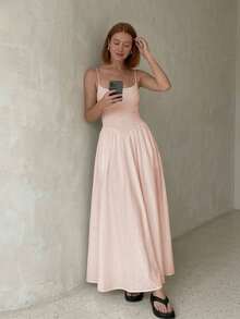 Women's Solid Color Pleated Casual Party Spaghetti Strap Dress Elegant Summer - Baby Pink - View 4