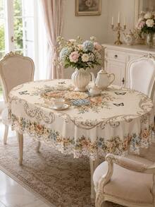 French Country Style Floral Tablecloth, Polyester Material Dining Table Cover, Printed With Pale Rose Bouquet, Blue Flowers, Butterflies And Elegant Scroll Border Pattern, Suitable For Wedding, Kitchen, Banquet And Home Decor Elegant Tea Break Decoration - Multicolor - View 7