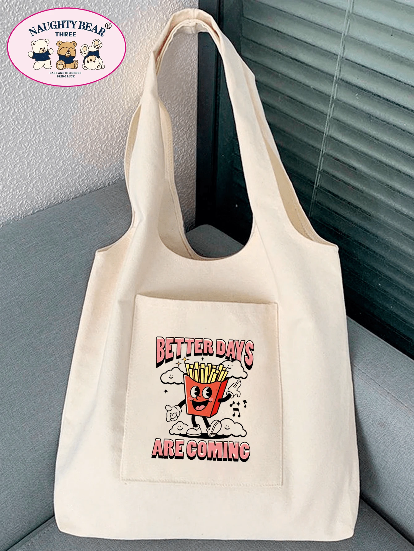 Fashionable Simple Versatile Cartoon Print Canvas Bag - Beige - View 1