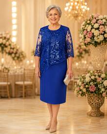 Party Dress Lady Plus Size Godmother Elderly Mothers Grandmother Casual Elegant Gold Silver Wedding Gold Lace Two Pieces Dress + Lace Blouse Overlay Comfortable Luxury Premium Quality - 寶藍色 - 查看 1