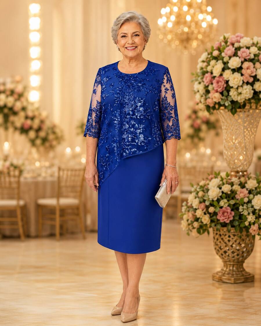 Party Dress Lady Plus Size Godmother Elderly Mothers Grandmother Casual Elegant Gold Silver Wedding Gold Lace Two Pieces Dress + Lace Blouse Overlay Comfortable Luxury Premium Quality - 寶藍色 - 查看 1