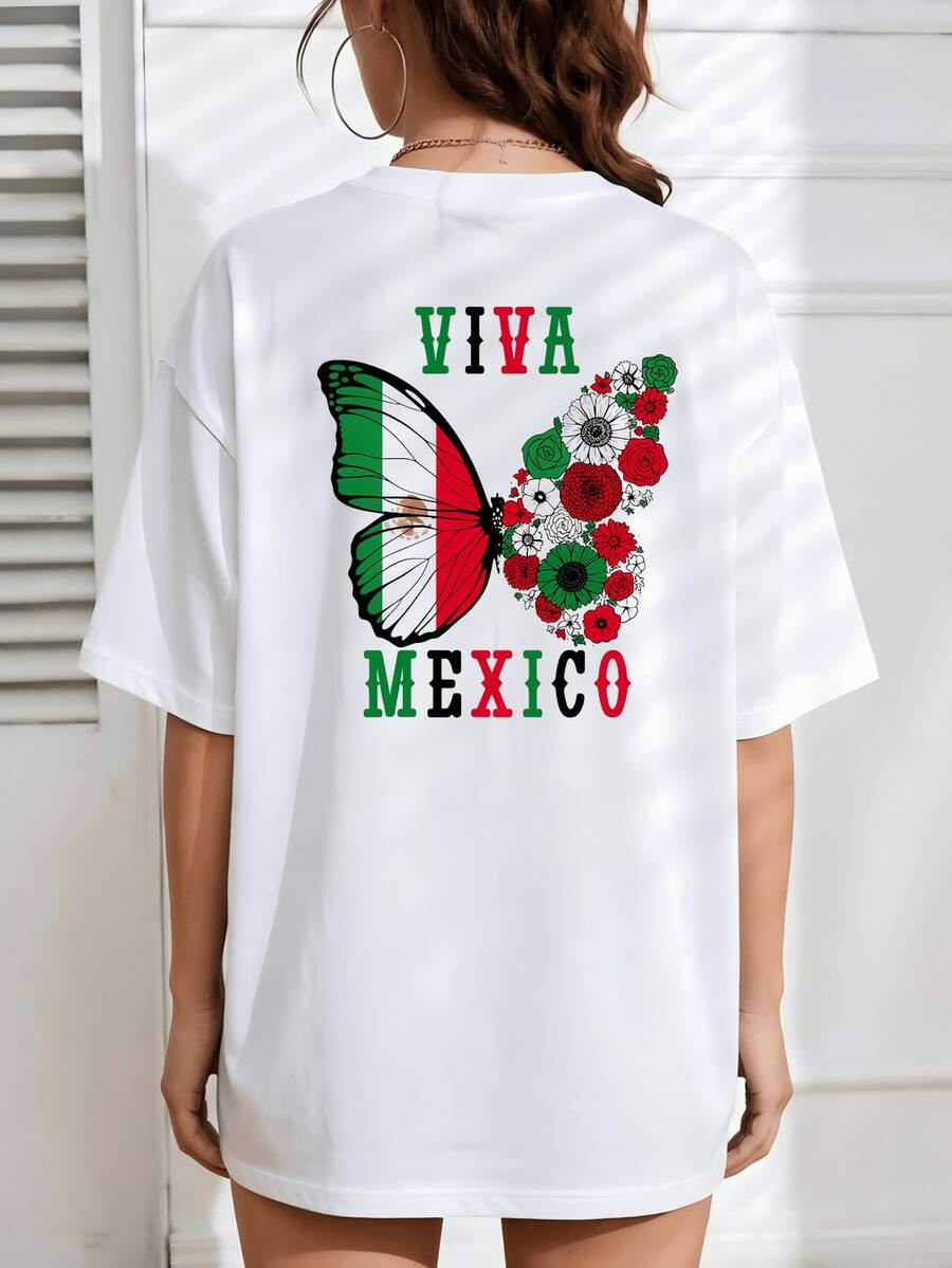 Curvy Fashion - Viva Mexico Mexican Independence Day Butterfly Flower Mexico T-Shirt. PNG, Casual Women's T-Shirts - 白色背景 - 查看 1