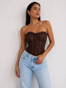 Women's Lace Corset Strapless Top, Various Colors: Nude, Black, White, Brown, Sexy And Elegant Shaping - 鏽棕色 - 查看 2