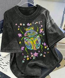 CottonWashable T-Shirt-Colorful Beetle Party Printed T-Shirt,Perfect For Everyday Wear,Gifts For Father'S Day-Summer Tops-New Summer Outfits For Women - 黑色1 - 查看 5