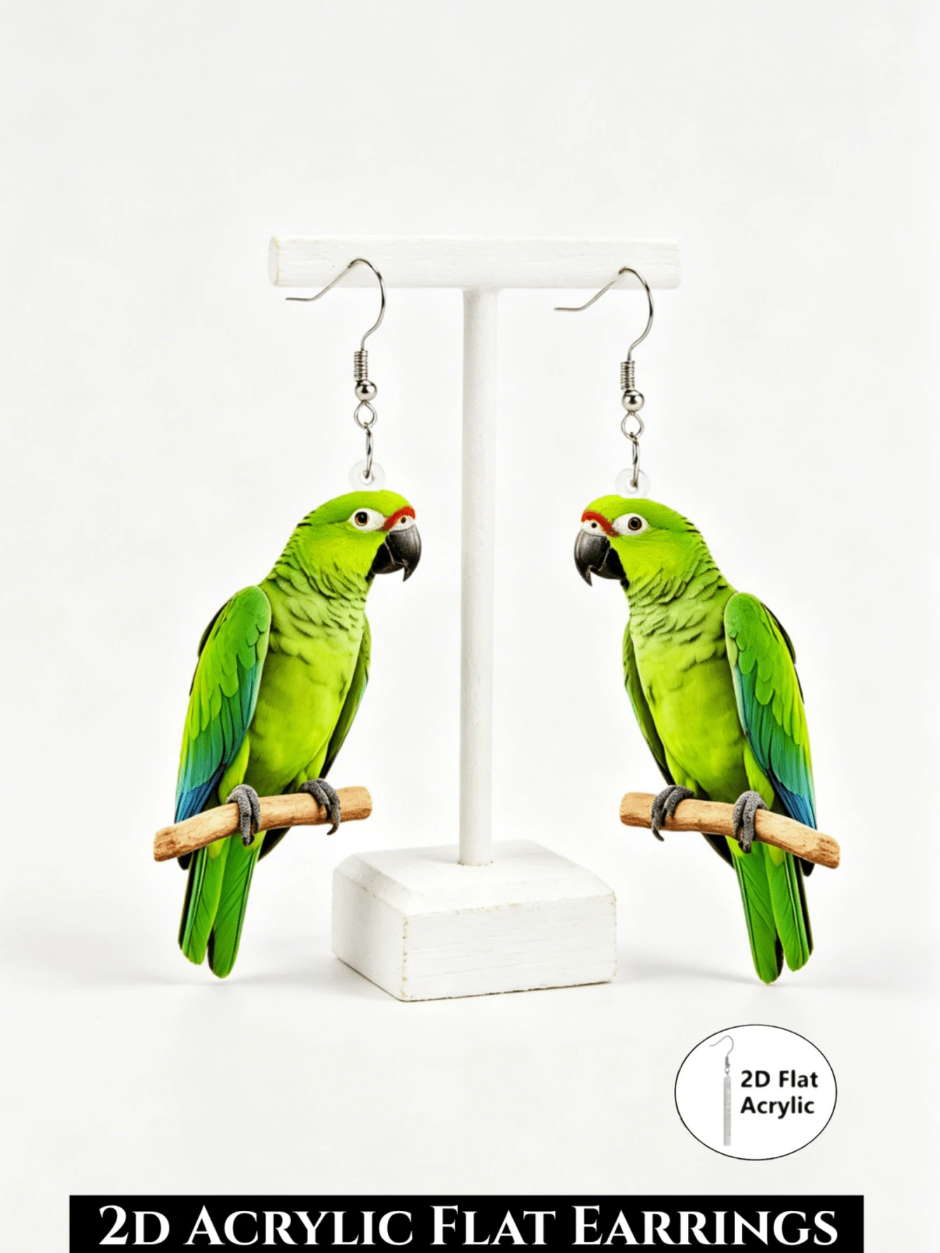 2D Flat Green Parrot Pendant Earrings, Fashionable And Cute, Stainless Steel Ear Hooks, Flat Acrylic Pendant, Suitable For Daily And Party Wear, Exquisite Gift - Green Parrot - View 1