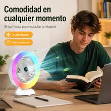 Mini Ventilador con Anillo Luz Arcoíris RGB, Ventilador Inalámbrico Recargable 3 Niveles de Viento - Blanco - Ver 5