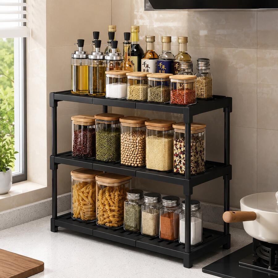 3-Tier Floor Standing Storage Rack For Home, Kitchen And Bathroom, Fixed 3-Tier Storage Shelf (No Casters), Random Color Shipping. Size: Width 43cm, Depth 26cm, Height 50cm. Thickened Iron Art, Drill-Free Installation. Storage Organizer For Kitchen, Living Room, Bedroom, Dormitory. - View 1