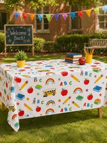 1pc-Back To School Decor Tablecloth, Cute ABC Apple Pencil School Bus Rainbow Pattern Reusable Table Cover, Washable Classroom Party Table Cloth For Kindergarten Back To School Celebration Home Dining Decor - Multicolor - View 10