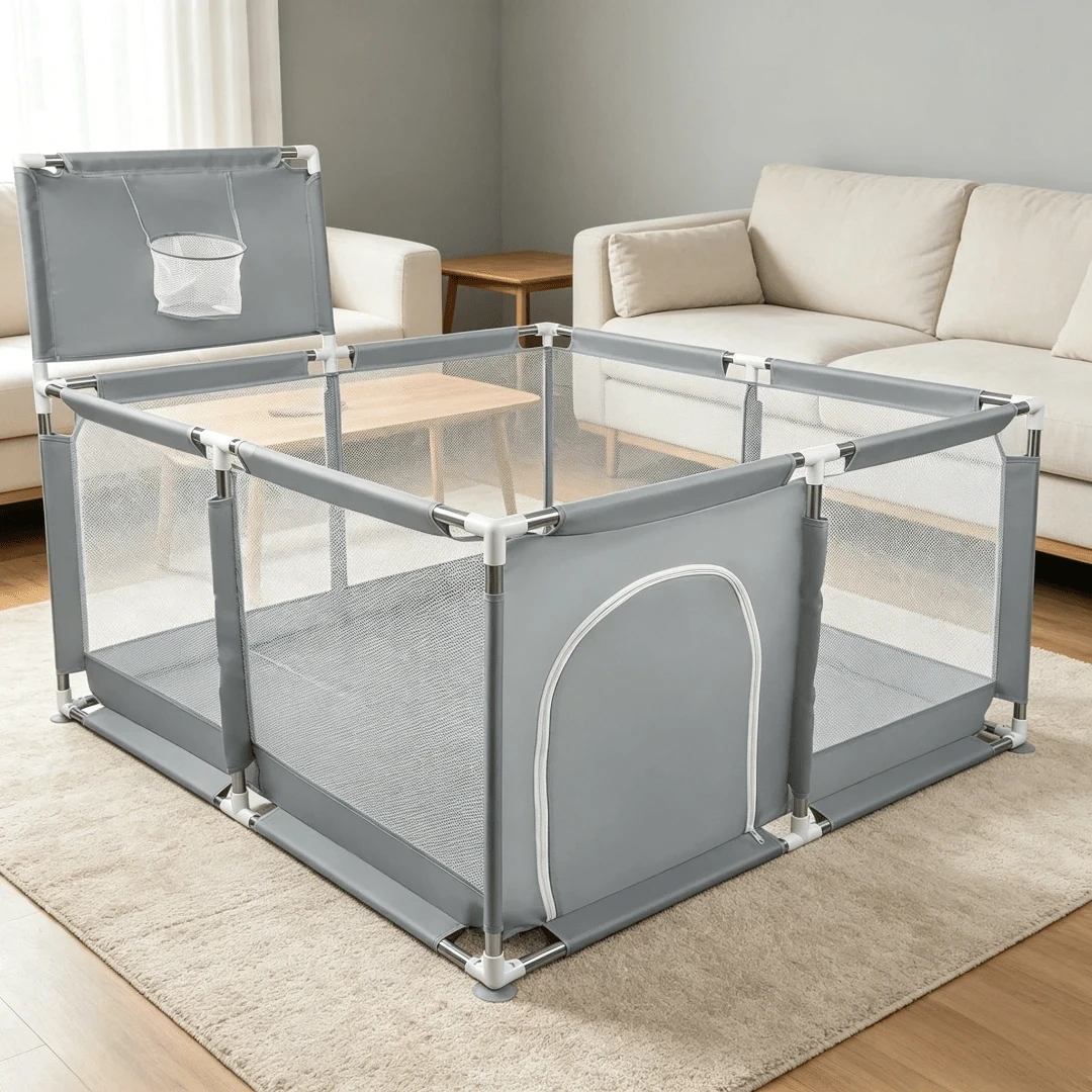 Zaun,Laufstall,großer Gürtelzaun, Oxford-Stoffzaun, Zaun für Wohngebäude, mit Basketballkorb, 50 Bälle, 4 Saugnäpfe, 126 * 126 * 66 cm - Dunkelgrau - Übersicht 1