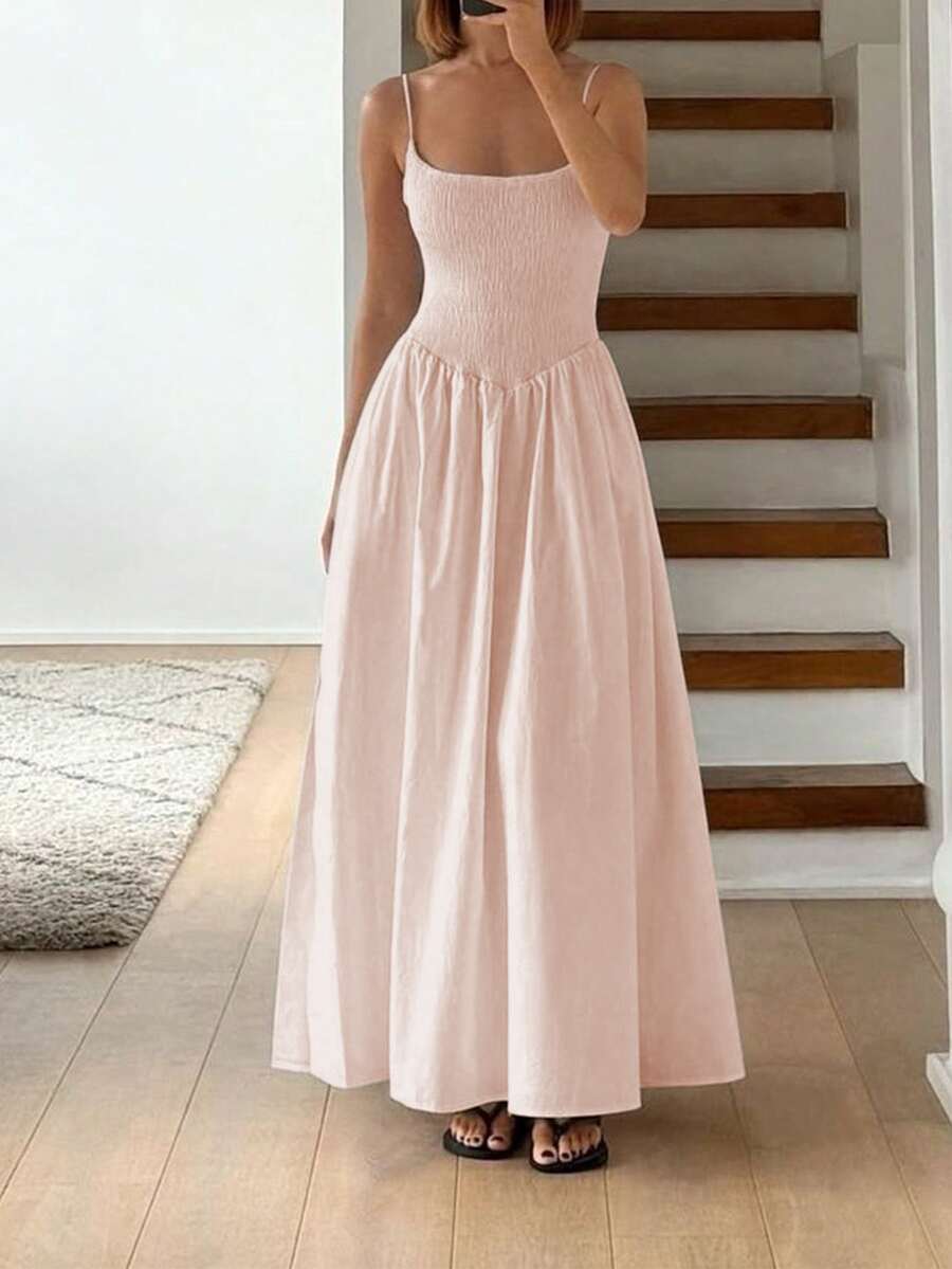 Women's Solid Color Pleated Casual Party Spaghetti Strap Dress Elegant Summer - Baby Pink - View 1