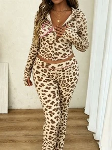 FQLWL Autumn Street Fashion Set, Women's Printed Zip-Up Hoodie And Pants Set, Suitable For Sports, Parties, Retro Style, 2 Pieces Set Vacation Spring Elegant - Brown - View 1