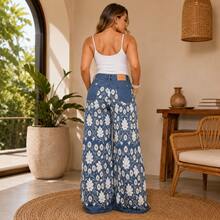 Wide Leg Jeans - Floral Print - High Waist - Shaping - Premium Style - 藍色 - View 3