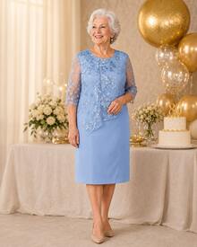 Party Dress Lady Plus Size Godmother Elderly Mothers Grandmother Casual Elegant Gold Silver Wedding Gold Lace Two Pieces Dress + Lace Blouse Overlay Comfortable Luxury Premium Quality - 藍色 - 查看 1