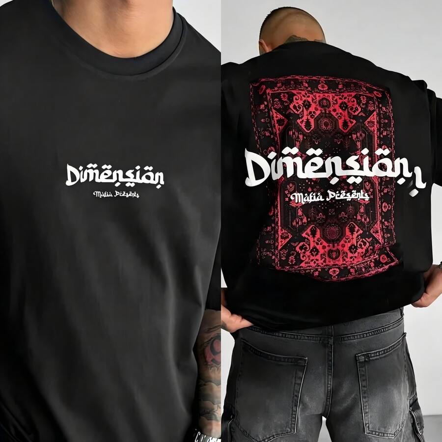 Esta camiseta de verano de doble cara para hombre presenta un patrón floral rojo de estilo retro urbano con el texto gráfico "Dimension Mafia Pieces". Es perfecto para quienes prefieren un a - Negro - Ver 1