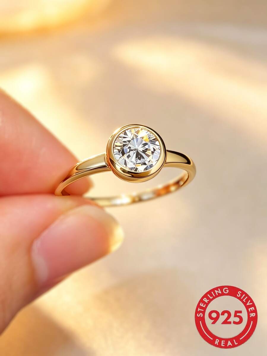 1枚S925纯银单钻圆形合成立方氧化锆戒指,优雅女士订婚/结婚戒指,高品质日常佩戴首饰 - 金黃色 - 查看 1
