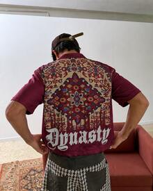 FRACTYR 男士夏季休閒襯衫 - 酒紅色做舊波斯曼陀羅滿版印花寬鬆短袖襯衫，時尚百搭，適合日常穿著、度假與街頭風格 - 紅色 - 查看 3