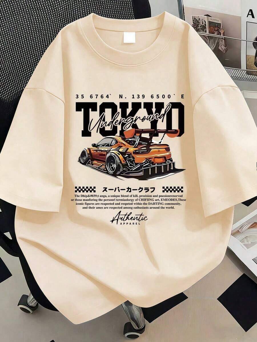 New Women's Cotton Summer T-Shirt, Tokyo Y2K Racing Car Print, Breathable Men's Casual T-Shirt For Everyday Couple Looks - 杏子 2 - 查看 1
