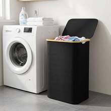 110L Laundry Hamper With Lid For College Dorm - Back To School Heavy Duty Clothes Organizer Bins, Bamboo Frame & Oxford Fabric Storage Basket For Dormitory Bedroom - 黑色 - 查看 1