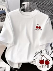 Women's Cherry Fruit Graphic T-Shirt, 100 Percent Cotton Summer Tops, Top For Woman For Casual Wear, Going Out Top Women - Cherry(White) - 查看 9