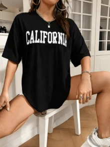 Frenchy Camiseta De Mujer De Manga Corta Con Estampado De Letras,verano blusas para mujer - Negro - Ver 2