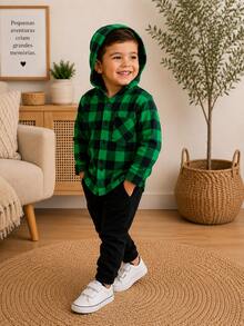 Long-Sleeved Flannel Plaid Shirt - Dark Green Checkered Hooded Shirt - View 1