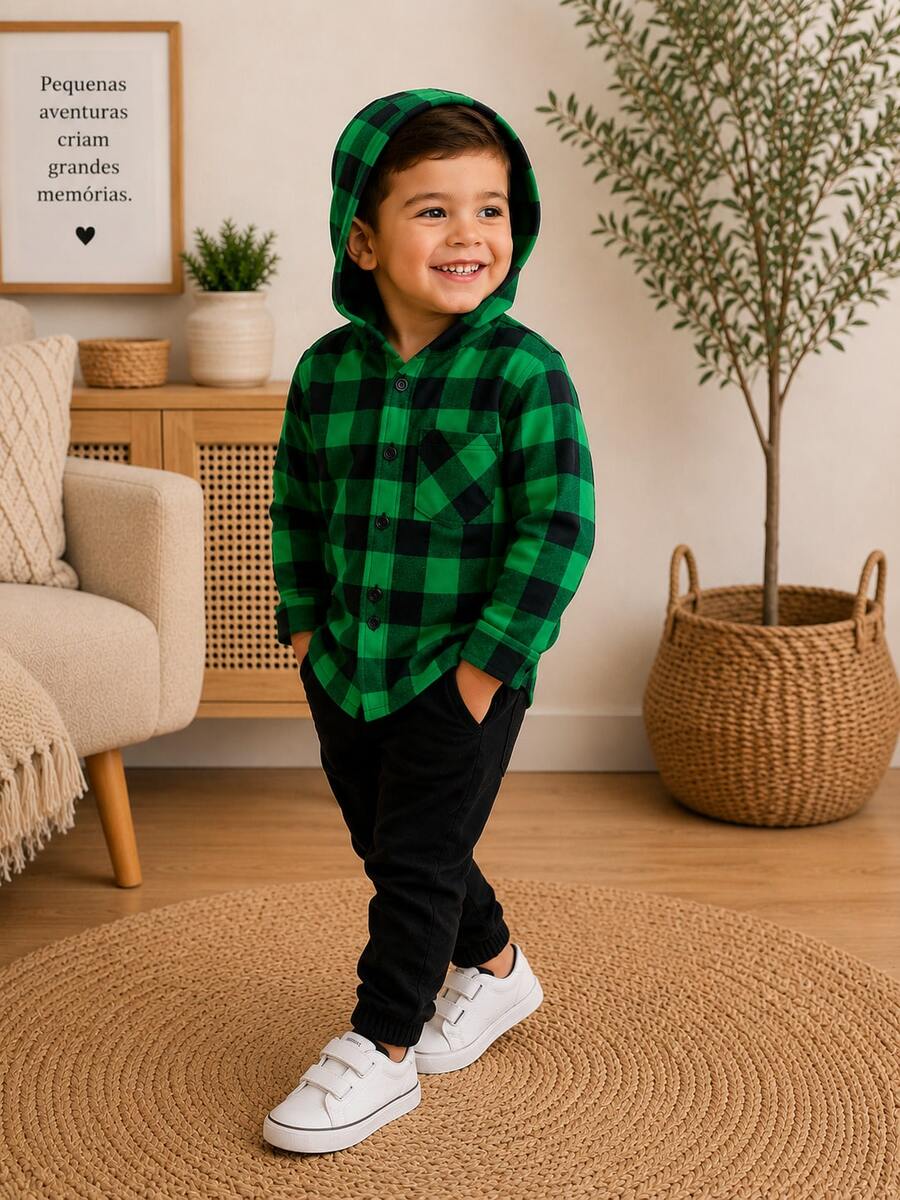 Long-Sleeved Flannel Plaid Shirt - Dark Green Checkered Hooded Shirt - View 1