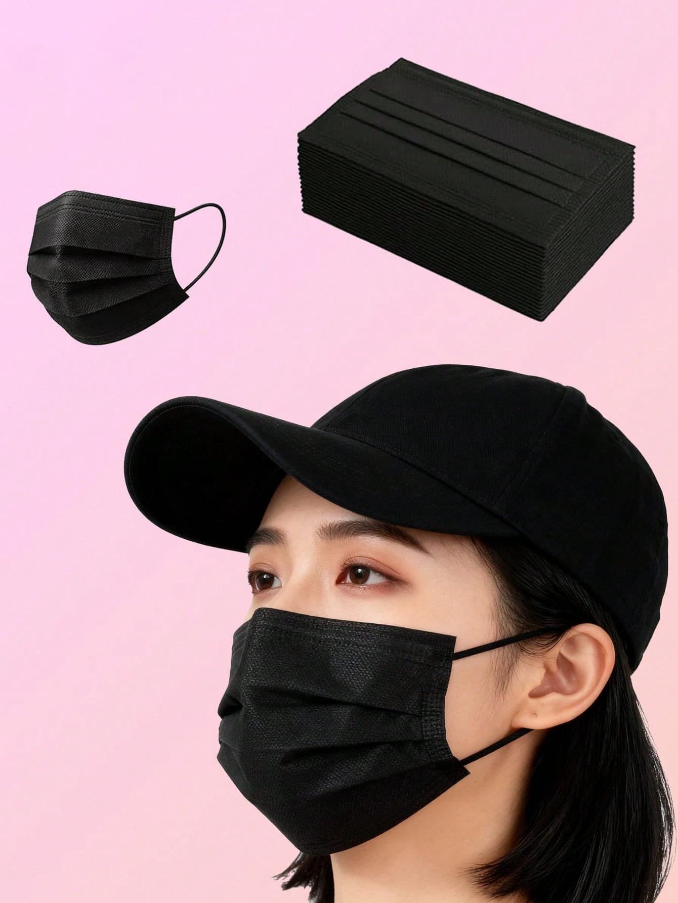 50pcs Black Disposable Face Masks, 3-Ply Adult Masks, Elastic Ear Loop Design, Breathable & Comfortable, Suitable For Home, Office, School, Outdoor