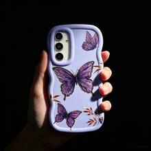 1pc Gold Leaf Purple Butterfly Cute Personalized Creative Fresh Style Golden Leaf Flying Beautiful Innovative European & American Matte Purple Blue Macaron Color Full Coverage Shockproof Fresh Colorful Wave Shaped Cream Style Phone Case Compatible With Samsung///Apple/Transsion//HOT/SMART//RENO///Honor/90LITE - Purple - View 6