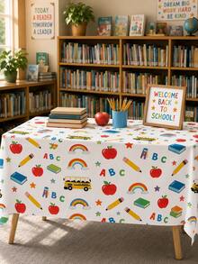 1pc-Back To School Decor Tablecloth, Cute ABC Apple Pencil School Bus Rainbow Pattern Reusable Table Cover, Washable Classroom Party Table Cloth For Kindergarten Back To School Celebration Home Dining Decor - Multicolor - View 8
