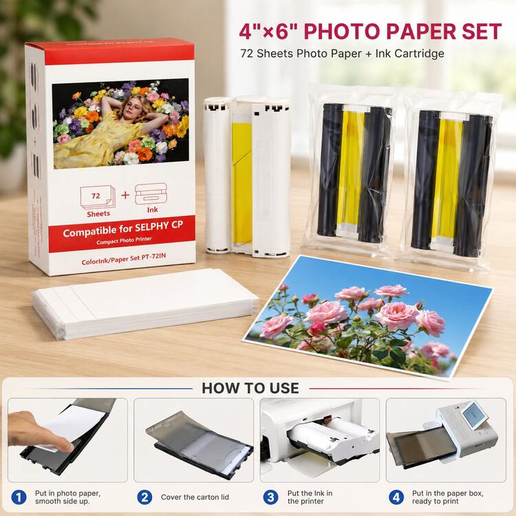 光面記憶牆氛圍貼紙相紙與墨水套裝，4 X 6 英吋 100 X 148 毫米，36 張 + 1 個彩色墨盒，相容於 Selphy CP1500 CP1300 CP1200 CP1000 CP910 CP900 CP810 - 查看 2