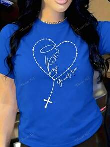 Women's Casual Cotton Short Sleeve T-Shirt With Virgin Mary And Rosary Print, Round Neck Regular Fit Top, Chic Fashion Tee - 藍色 - 查看 1