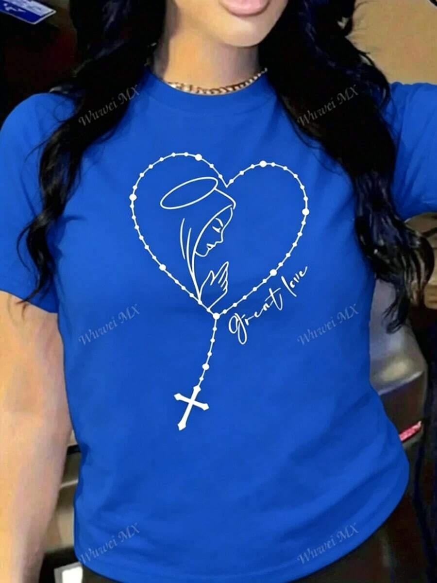 Women's Casual Cotton Short Sleeve T-Shirt With Virgin Mary And Rosary Print, Round Neck Regular Fit Top, Chic Fashion Tee - 藍色 - 查看 1