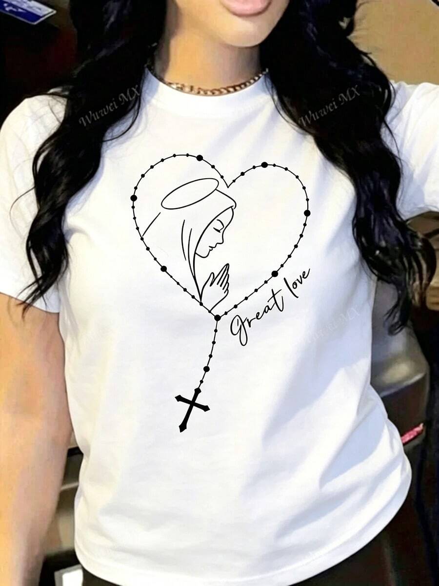 Women's Casual Cotton Round Neck Short Sleeve T-Shirt With Virgin Mary Rosary Heart Print, Regular Fit - 白色 - 查看 1