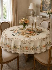 French Country Style Floral Tablecloth, Polyester Material Dining Table Cover, Printed With Pale Rose Bouquet, Blue Flowers, Butterflies And Elegant Scroll Border Pattern, Suitable For Wedding, Kitchen, Banquet And Home Decor Elegant Tea Break Decoration - Multicolor - View 9