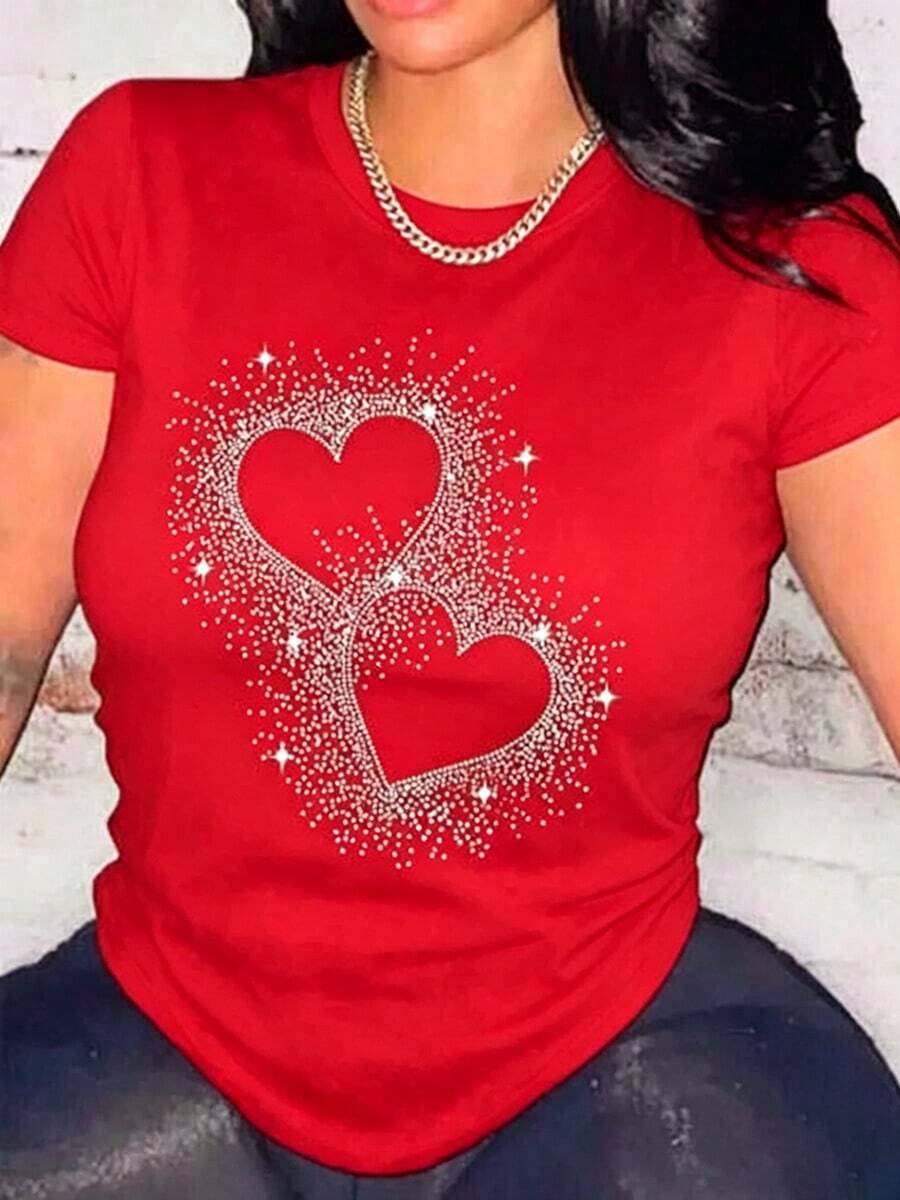 Women's Basic Short-Sleeve T-Shirt Autumn/Winter 2025 - Round Neck, Loose Fit, Stylish Butterfly Print, Soft Fabric With Excellent Drape. Super Versatile! - 紅心 - 查看 1