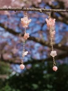 1 Pair Vintage Elegant Fashion Long Pink Rhinestone Tassel Luxury Versatile Pendant Earrings, Suitable For Women's Daily, Party, Travel Wear Jewelry Gift - Pink Flower 2 - View 4
