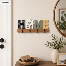 2D平面復古木製「HOME」 「LOVE」 「HELLO」 「WELCOME」鑰匙掛鉤，多功能居家鑰匙架，附4個金屬掛鉤，適用牆面、門廊、房間裝飾 - 彩色 - 查看 4