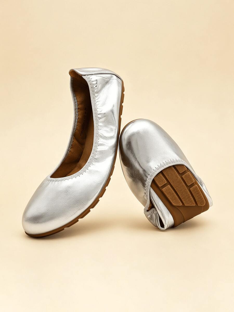 Women Round Toe Flats Casual Soft Bottom Foldable Ballet Flats Comfortable Slip On Travel Vacation Office Wedding Shoes - 銀色 - 查看 1