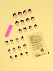 24片法式黑色貼片式假指甲 白色圓點短款方形美甲貼片組 含1張背膠貼片與1個指甲銼條 適合日常配戴 - 彩色 - 查看 3