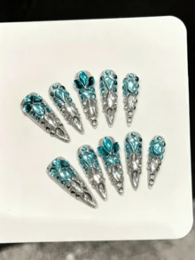 10片手工壓製長尖型假指甲，精緻可穿戴可拆卸美甲套，"Mermaid Tears" 奢華藍色超亮滿鑽 Y2K 風格，完美選擇 - 藍色 - 查看 12
