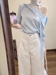 Y6Y 夏季優雅女神風高端質感重要場合華麗青春藍色不對稱領襯衫 - 藍色 - 查看 6