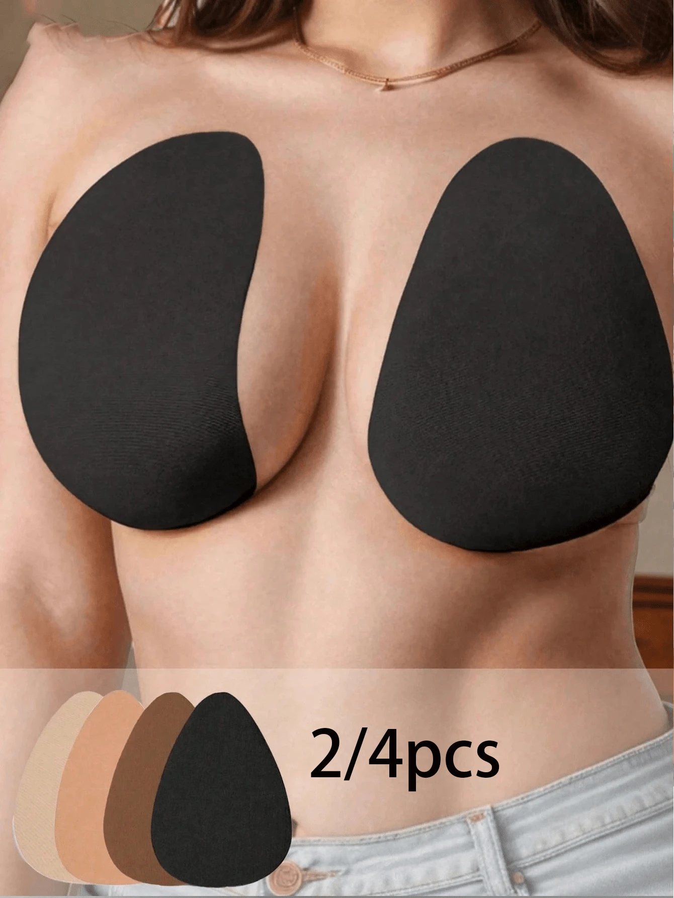 2/4 piezas Cinta de látex invisible con efecto elevador, almohadillas para pechos en forma de gota de agua, insertos para sujetador sin tirantes, talla grande, adecuado para copas B-E - multicolor - Ver 1
