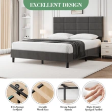 Techigher Upholstered Bed Frame With Adjustable Headboard, Platform Bed With Wooden Slat Support, Heavy Duty Mattress Base With Underbed Storage, Noise-Free No Box Spring Needed - Light Gray - View 3