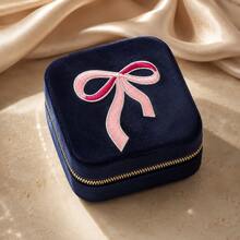 1pc 10cm Coquette Midnight Navy Embroidered Velvet Bow Jewelry Gift Case Storage Box Organizer For Earrings Rings Necklace Bracelets Delicate Keepsake Romantic Holiday - Navy Blue - View 8