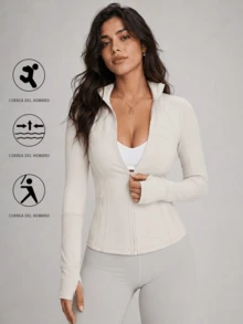 Chaqueta Deportiva de Yoga para Mujer Adelgazante Cuello Alto Ideal para Fitness, Gimnasio o Atuendo Casual Lavable a Máquina - Blanco marfil - Ver 5