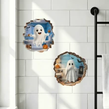 1/5pcs Cute Cartoon Ghost Bathroom Wall Sticker With A Broken Wall Effect. Removable, Self-Adhesive, Waterproof PVC Sticker. Suitable For Bathrooms, Bedrooms, Toilets, And Halloween Home Decorations. - Wall Stickers - View 2