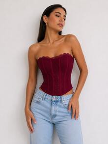 Women's Lace Corset Strapless Top, Various Colors: Nude, Black, White, Brown, Sexy And Elegant Shaping - 玫瑰紅 - 查看 3