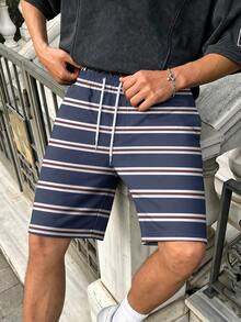 FRACTYR Men's Summer Casual American Street Style Navy White Red Three-Color Horizontal Striped 5-Inch Casual Shorts, Comfortable And Breathable Suitable For Outdoor Wear, Summer Sports Distressed American Collegiate Style Elastic Waist Loose Athletic Mid-Length Shorts - Blue - View 2
