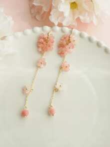 1 Pair Vintage Elegant Fashion Long Pink Rhinestone Tassel Luxury Versatile Pendant Earrings, Suitable For Women's Daily, Party, Travel Wear Jewelry Gift - Pink Flower 2 - View 6